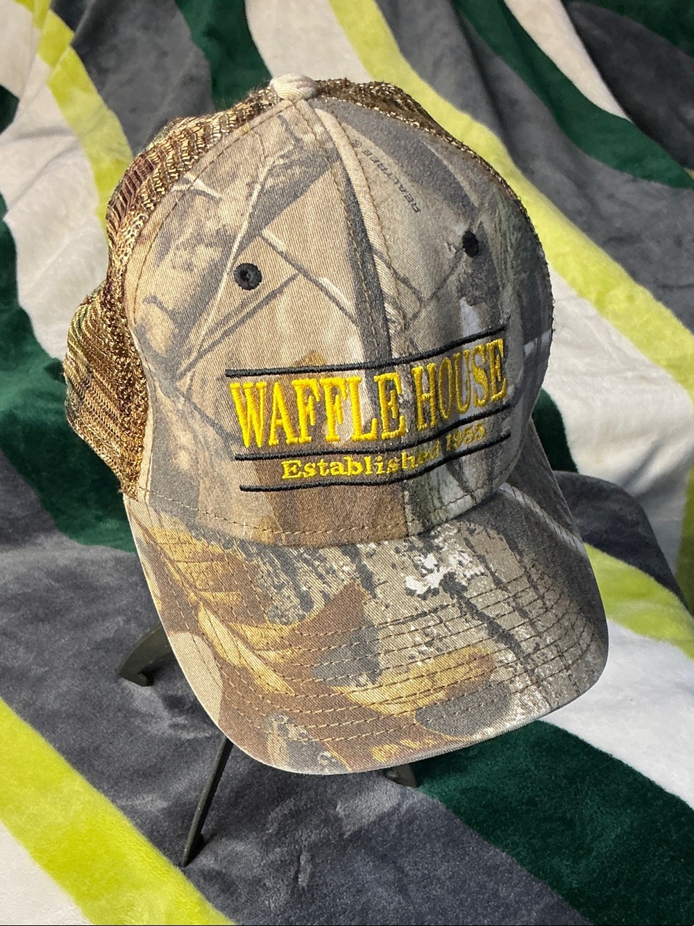 Realtree Camo Waffle House Trucker Hat with Yellow Logo